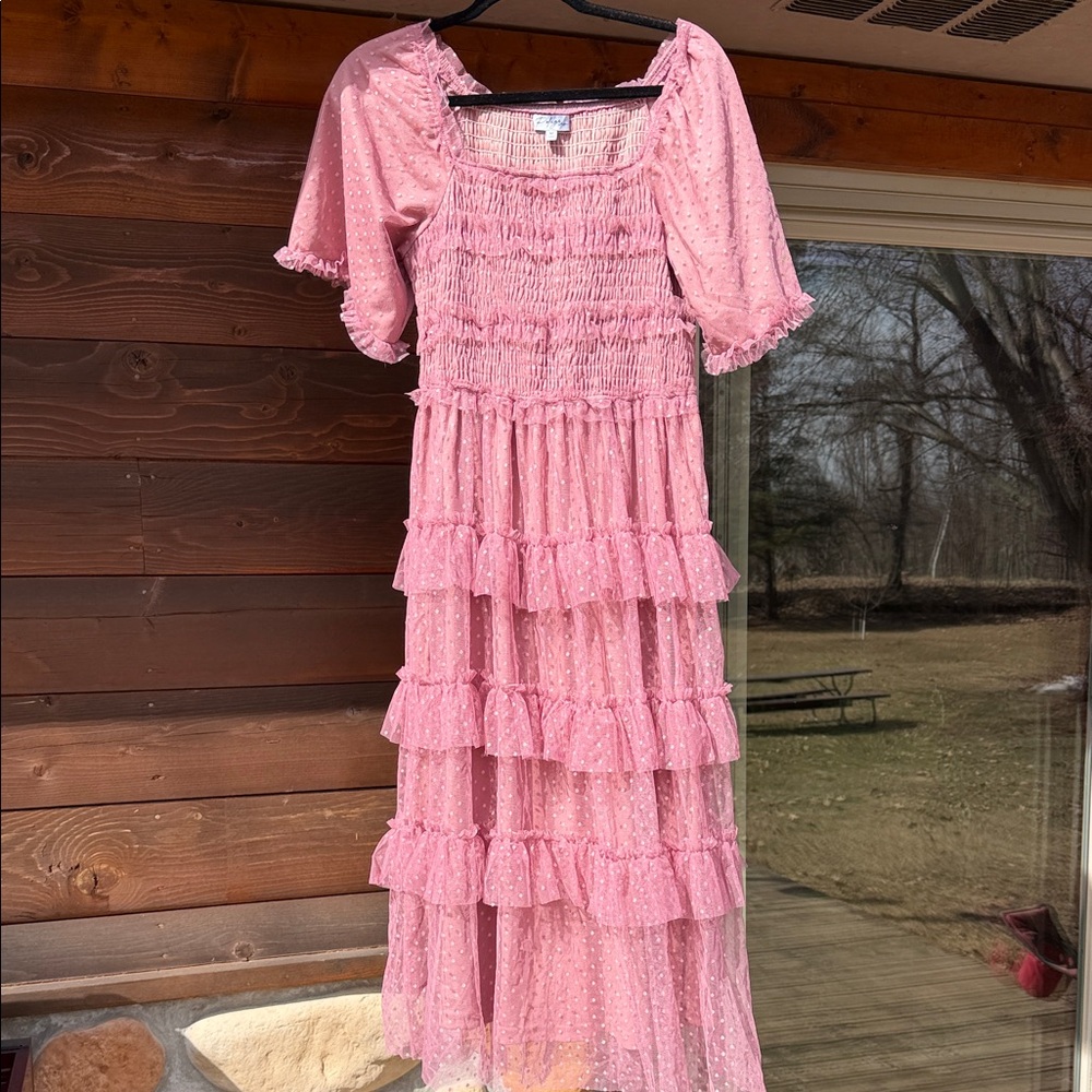 Smocked Pink Ruffle Tiered Maxi Dress